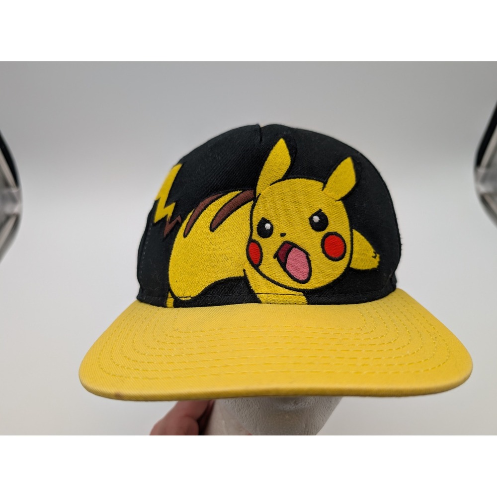 Pokemon Pikachu Snapback Hat Black Yellow Embroidered Graphic Baseball Cap